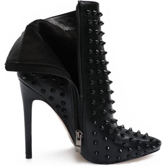 Women’s Rhinestone Black Ankle Boots Pointed Toe Stiletto Heel with Rivets - Picture 5 of 9